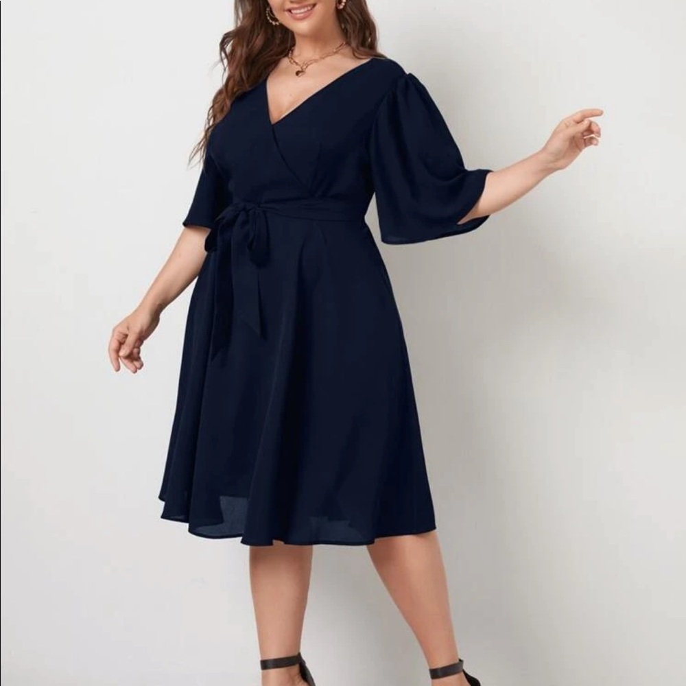 Last one Plus size belted butterfly sleeve dress burgundy - Picture 16 of 16